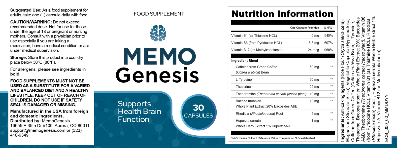 MemoGenesis supplement facts label